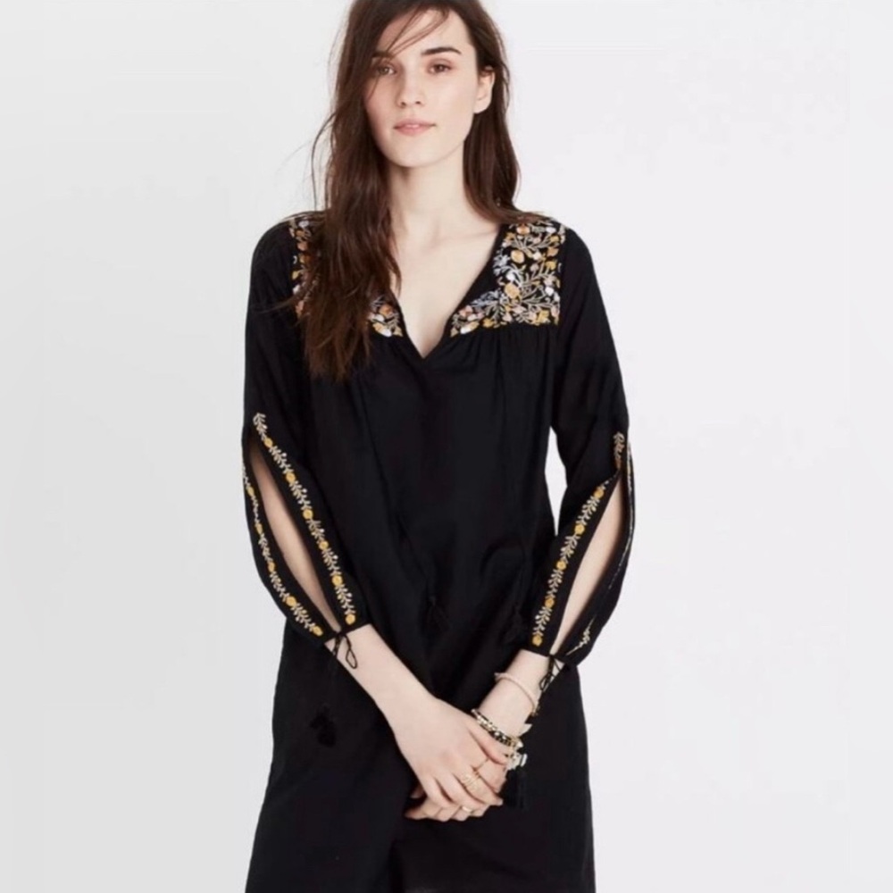Madewell Black Dress with Floral Embroidery